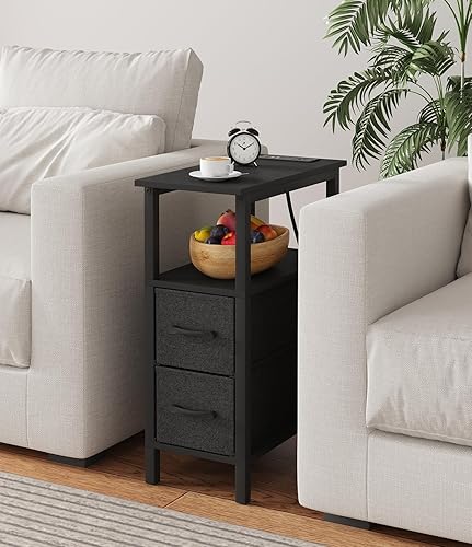 Miniatura 9 de Mesa auxiliar estrecha para espacios pequeños, mesa auxiliar delgada con estación de carga, sofá con 2 cajones de tela y 1 compartimento abierto,