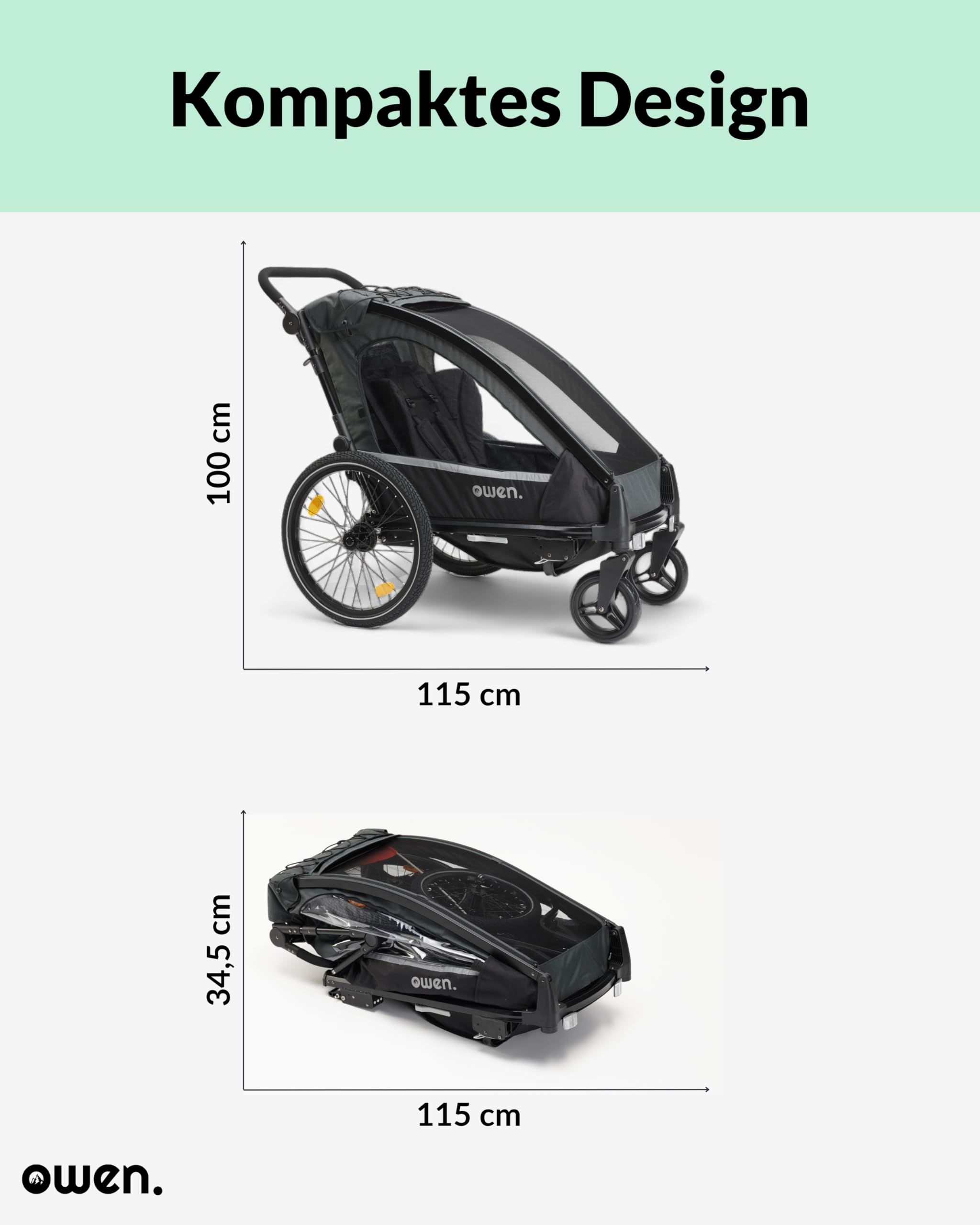 OWEN Kinderwagen 3-in-1 (Multi-Buggy mit Jogger, Fahrradkupplungsset & Fahrradverbindungsarm) | 1 Kind | Kinderanhänger Fahrradanhänger | 360 Grad Rad mit Federung Buggy Jogginrad & Fahrradverbindung