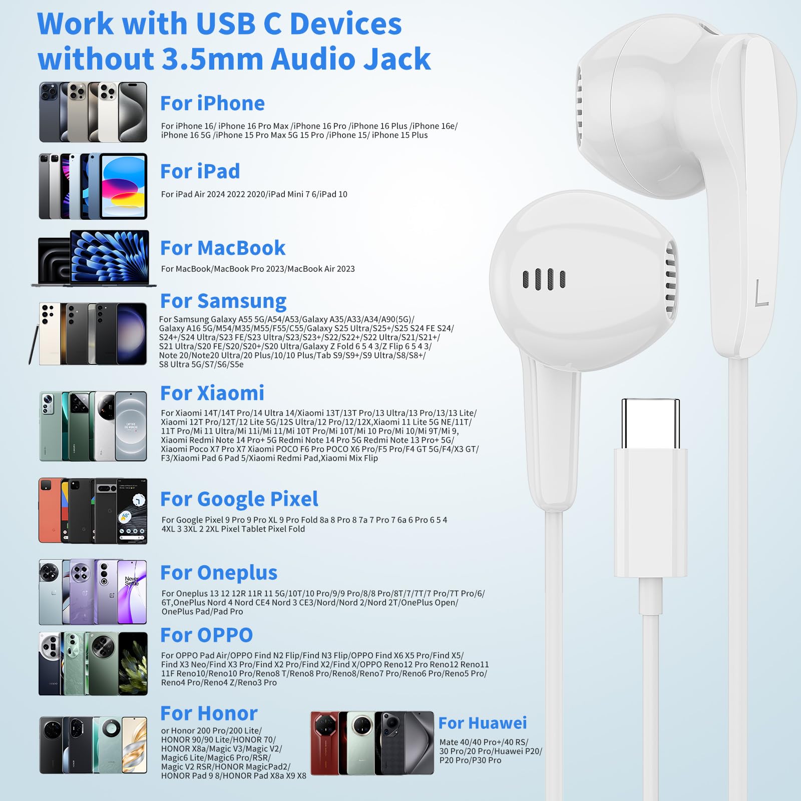 USBC Kopfhörer für iPhone 15 16 17 Pro Max Stereo In Ear Kopfhörer mit Kabel USB C mit Mikrofon Kopfhörer USB C für Samsung Galaxy S26 S25 S24 S23 S22 Ultra S21