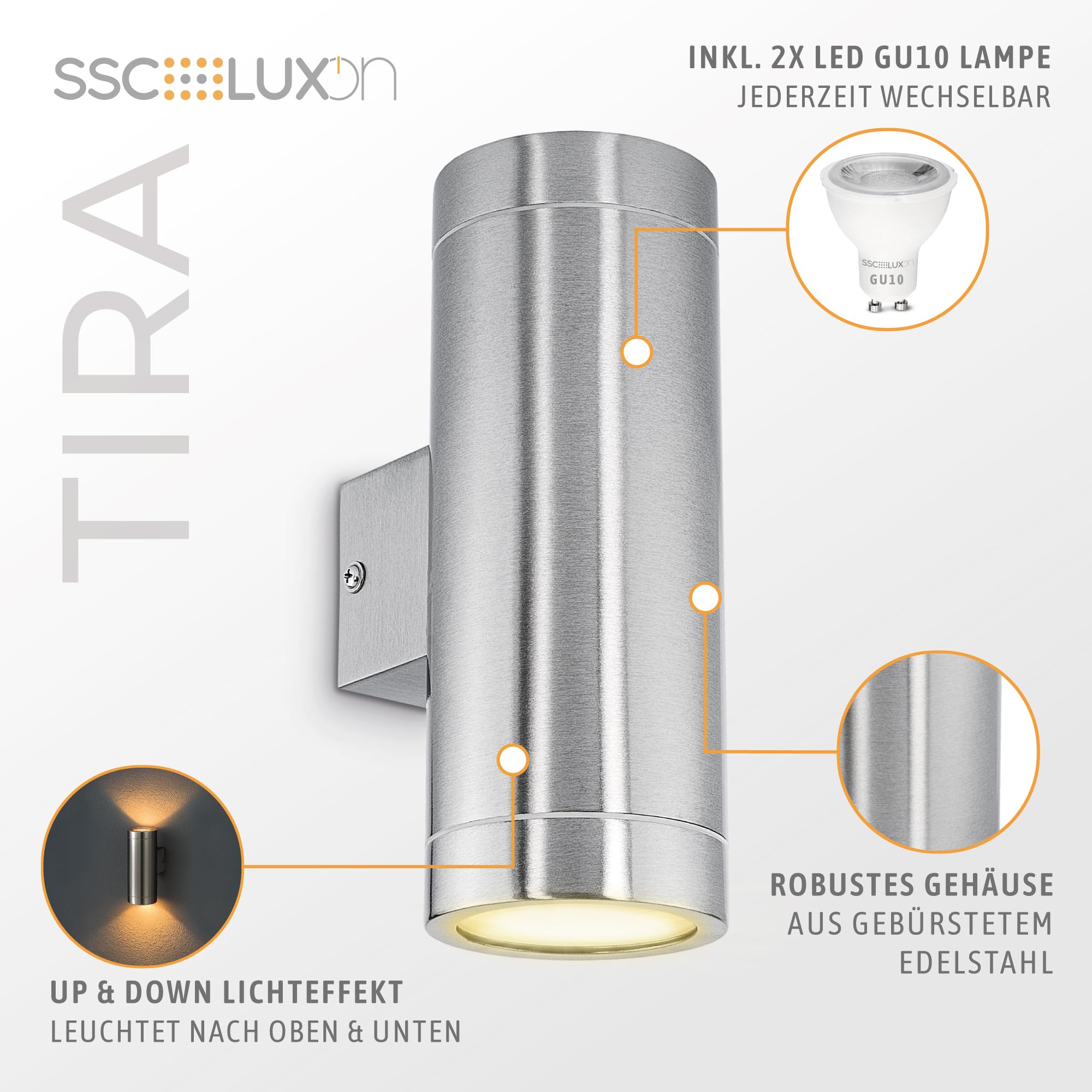 SSC-LUXon 2x TIRA Wandstrahler Wandlampe Up & Down IP44 - inkl. LED Glühbirne 2W warmweiß - Aussenwandleuchte Wandaufbauleuchte