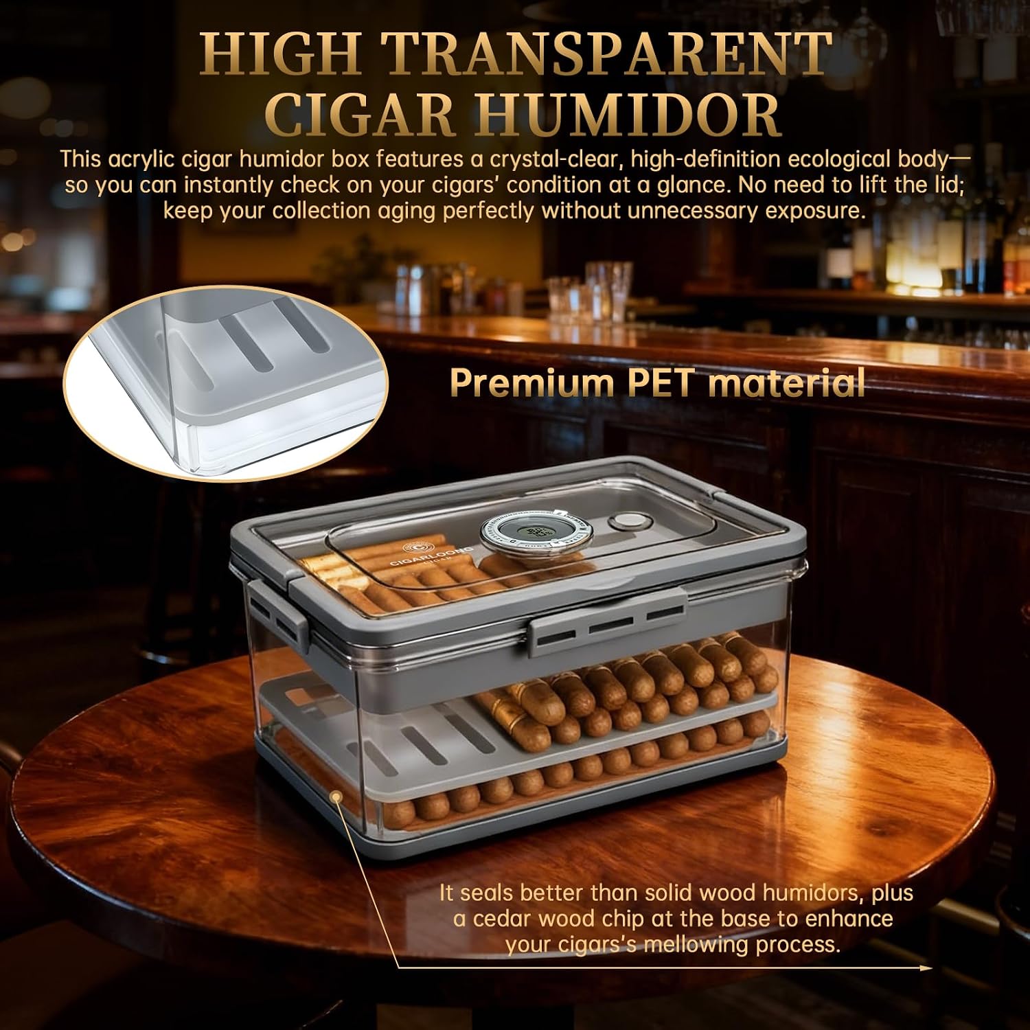 Cigar Humidor, Acrylic Humidor Cigar Box, Handheld Large Capacity Moisturizing Box with Digital Thermo-Hygrometer, Humidifier, Cigar Cutter 3 Piece Set, Portable Travel Case, Cigar Gift for Men