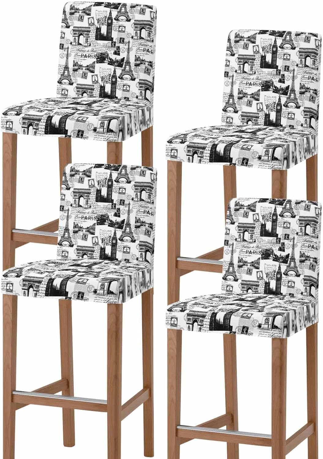 Stretch Bar Stool Chair Seat Covers Set of 4, Paris Tower Washable Chair Covers Stool Cover, Vintage Architectural Hand-Painted Aesthetic Dining Chairs Cushion Slipcovers for Kitchen Pub Cafe