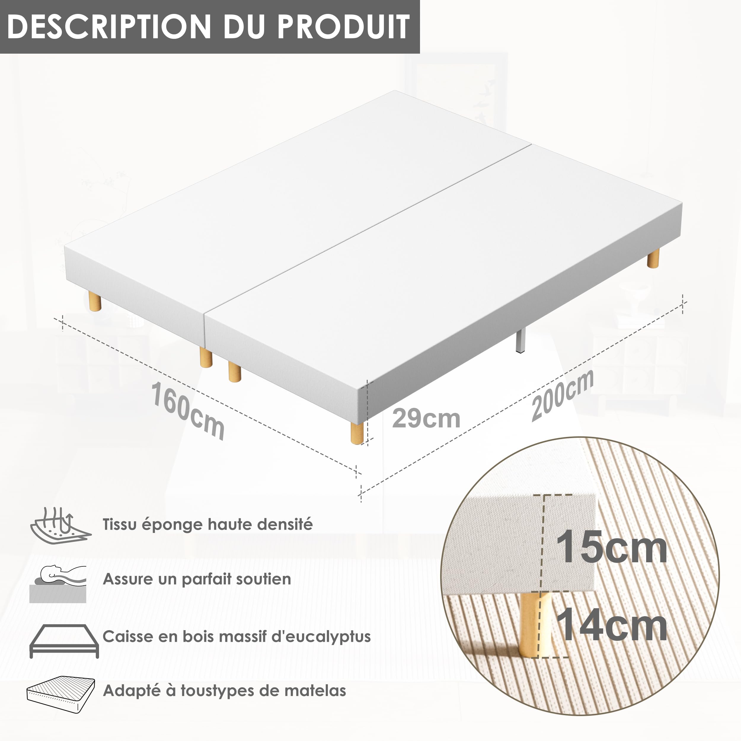 DEWINNER Sommier Tapissier 80x200x2| Lit Double Robuste 160x200| Sommier 160x200| 12 Pieds| Surmatelas en Mousse Haute Densité| Hauteur avec Pieds 29 cm, 160 x 200