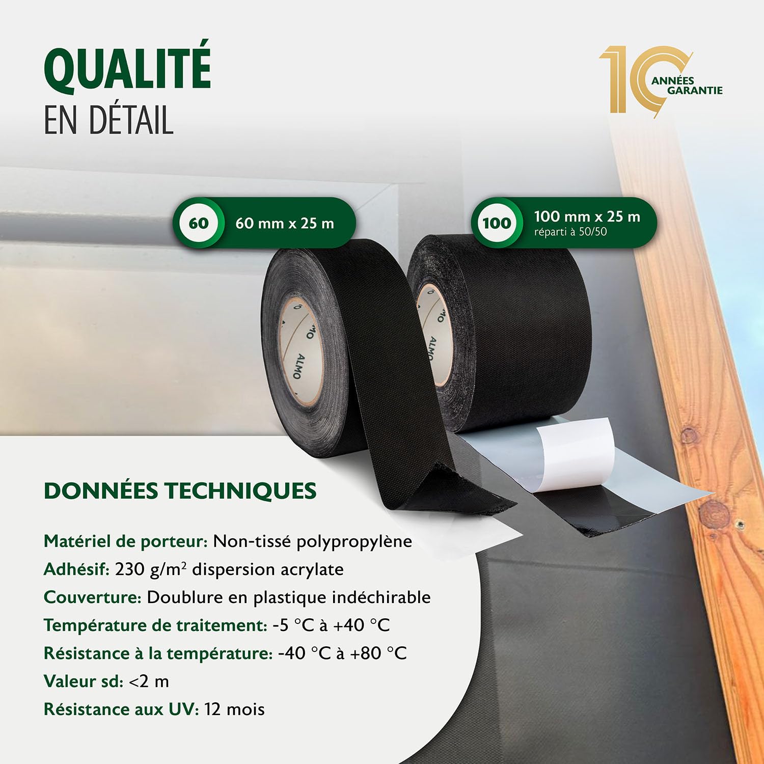 ALMO Bande adhésif pour écran de façade, paquet de 2 - résistant aux UV 60mm x 25m ruban adhésif ouvert à la diffusion pour lé de sous-toiture et lé de façade, film de liner résistant à la déchirure