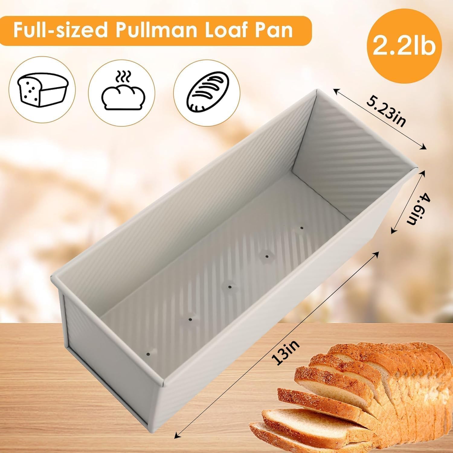 2-Pack Beige Pullman Loaf Pan with Lid, Long Nonstick Bread Pan for Toast & Sandwich Bread, Cream White Nonstick Loaf Pan, 3 Vented Holes & Ridged Design, Great for Baking Lovers and Home Use