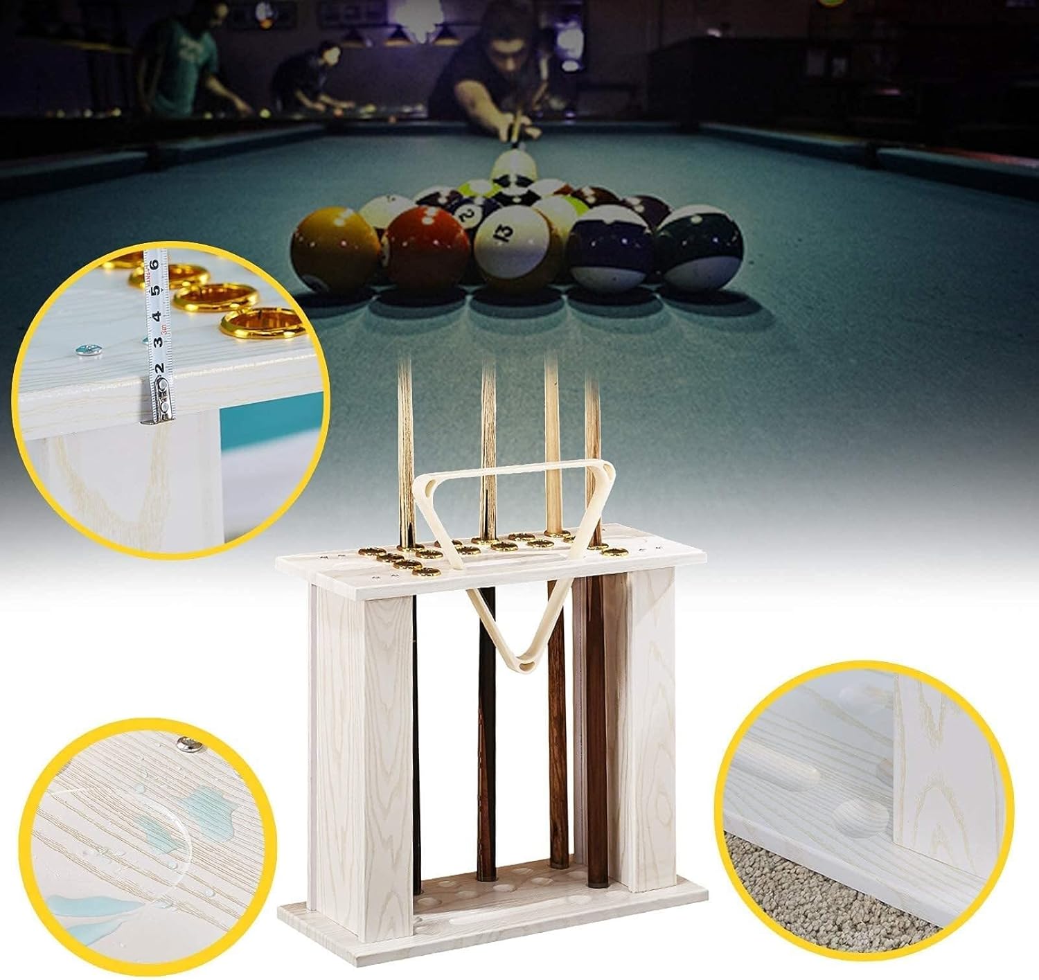 Wooden Billiards Cue Rack Stand - Holds 16 Pool Cues & Accessories, Classic Wood Grain Finish, Easy Assembly Pool Stick Organizer (Black)