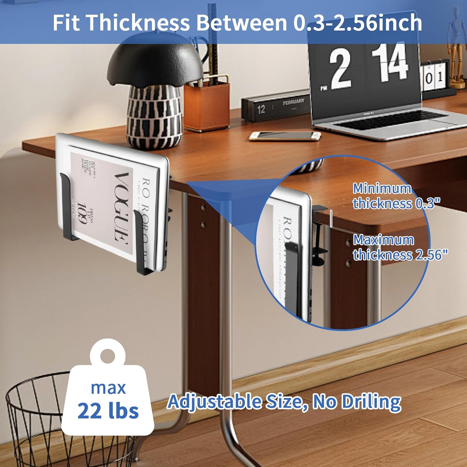 LUKETURE Adjustable Side Laptop Mount, No Drill Laptop Holder, Under Desk Storage, Clamp-On Laptops Stands, Desk Side Mount for Laptops, Mac mini, Keyboard with Anti-Scratch Silicone image 2 of 8 B0FC68W3YC