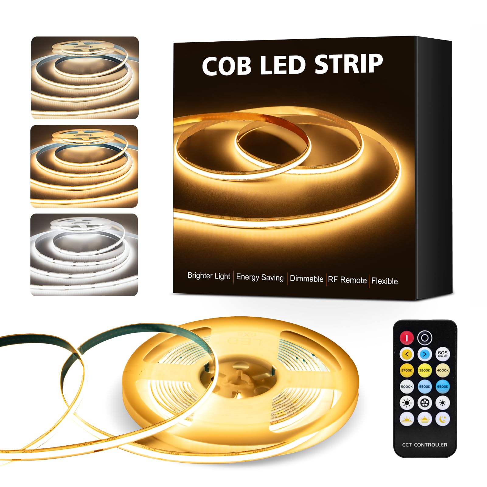 COB LED Strip Lights, 16.4Ft Dimmable White(2700K-6500K) LED Lights for Bedroom with RF Remote, 24V Ultra Bright 2800 LEDs High Density Under Cabinet
