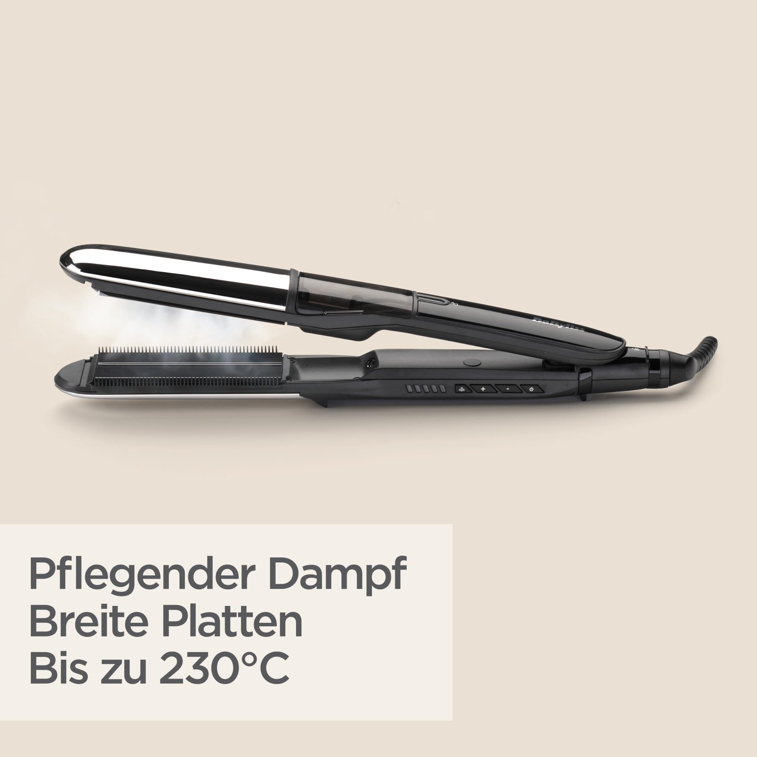 BaByliss Steam Shine – Dampf‑Glätteisen mit XL Turmalin‑Keramikplatten für schnelles, müheloses Glätten, Ionische Anti‑Frizz‑Funktion für glänzendes & geschmeidiges Haar, ST496E