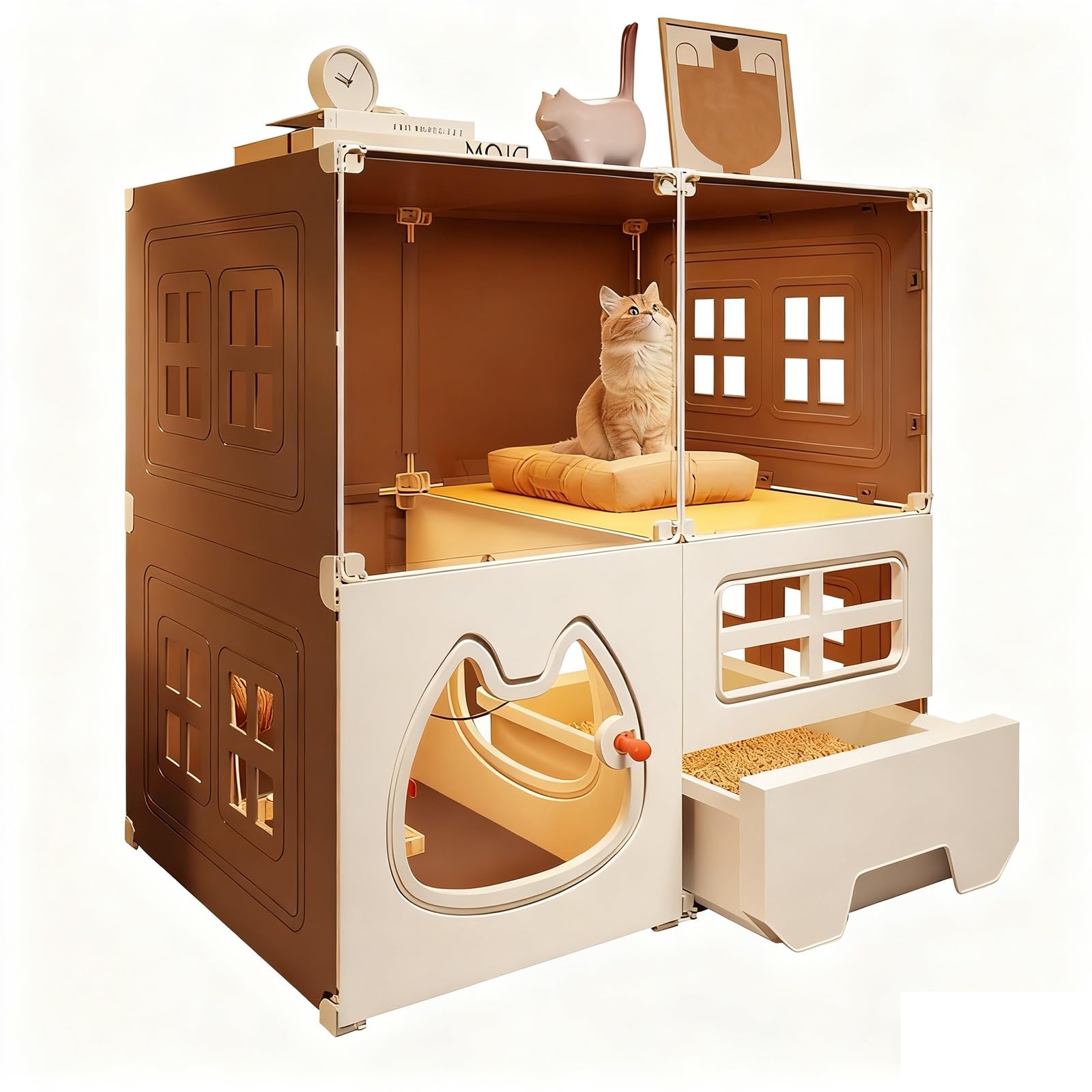 Gabbia per Gatti da Interno Trasparente con Lettiera Estraibile, Pannelli PP Rinforzati e Struttura Ventilata, Recinto Multilivello per Appartamenti(71x46x71cm)