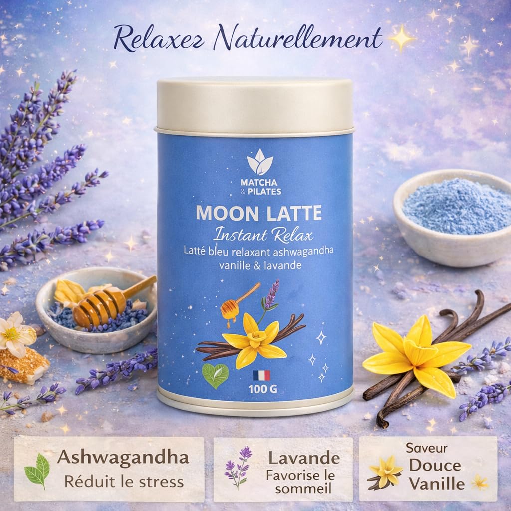 Matcha & Pilates Moon Latte Relax – Latte Bleu à l’Ashwagandha – Vanille & Lavande – Boisson Bien-Être Sans Caféine – 100 g