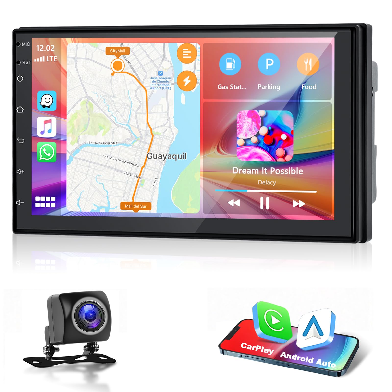 2+64G 2 DIN Radio de Coche con Inalámbrico Carplay/Android Auto, Pantalla Táctil Android de 7 Pulgadas Estéreo de Coche Bluetooth/Mirror Link/GPS/SWC/RDS/FM/WiFi/USB+Cámara Trasera