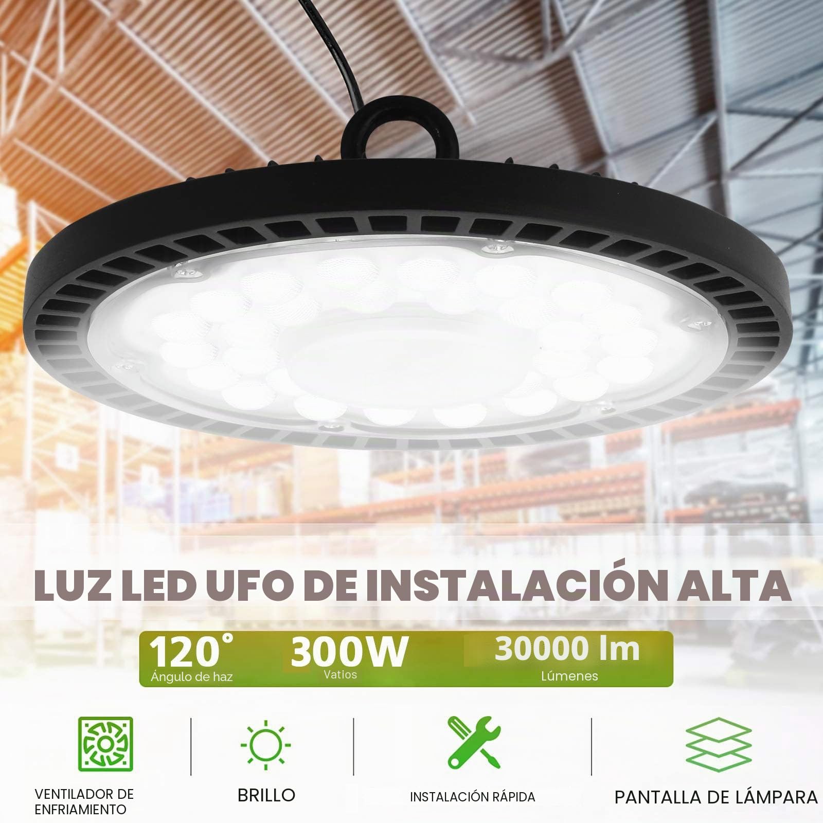 300W UFO LED Lámpara Alta Bahía, Campana Industrial, 30000LM Super Brillante, IP65 Impermeable 6500K Iluminación Comercial Para Naves Industriales, Garaje, Fábrica（300W,1 Unidade