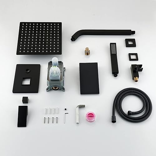 Miniatura 6 de Sistema de ducha para bañera, color negro mate, juego de grifo de ducha y bañera con cabezal de ducha Rian de 10 pulgadas y combo de ducha de mezcla