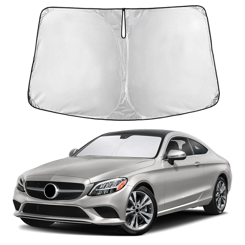 Protetor Solar para Para-brisa Mercedes-Benz Classe C 2008–2021 Autovir, Dobrável, Tecido 280T, Preto e Prata