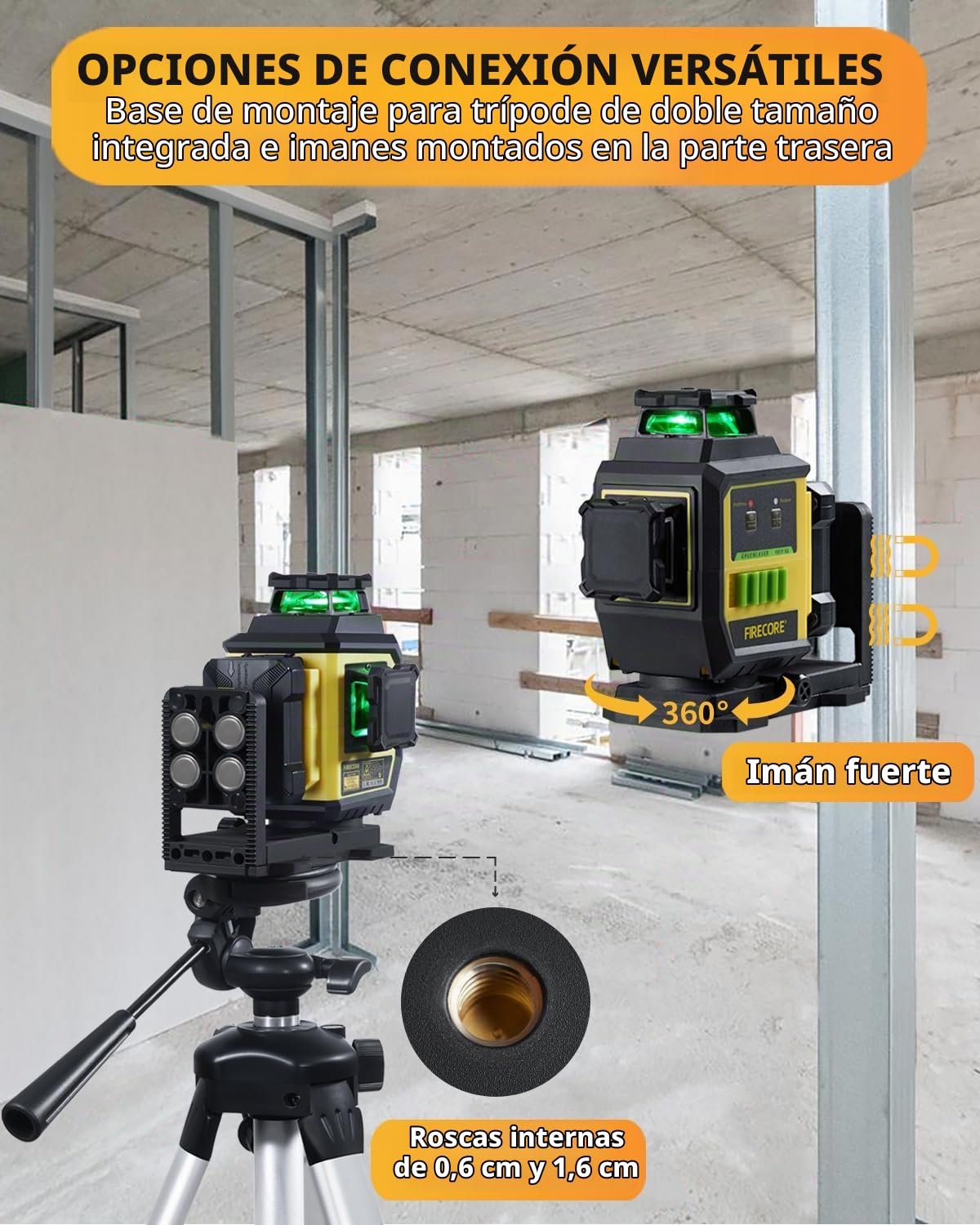 Firecore Nivel láser, Nivel Laser Autonivelante 3x360 con trípode, Alta Precisión ±2 mm/10 m, Láser Level Verde con Batería de Litio 8000 mAh, Ideal para Obra de Construcción y Renovación