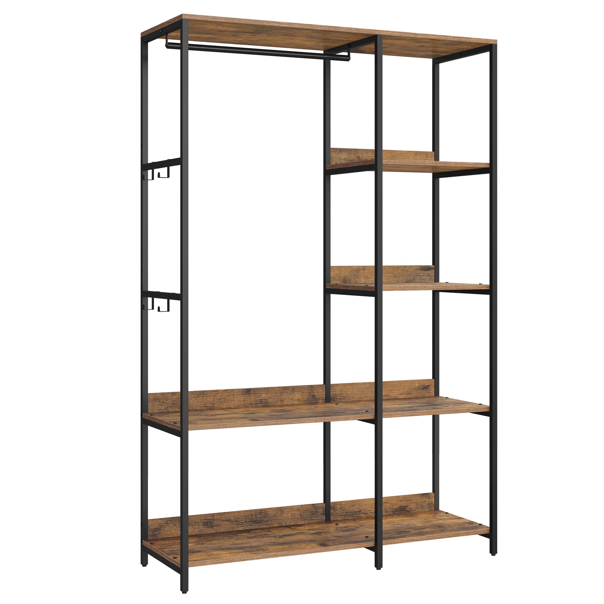 SONGMICS Portable Clothes Wardrobe, Foldable Closet, Clothes Rack Freestanding, Closet Organiser, with Hanging Rods, Storage Shelves, Removable Hooks, 40 x 98 x 181 cm, Rustic Brown RGR024B01