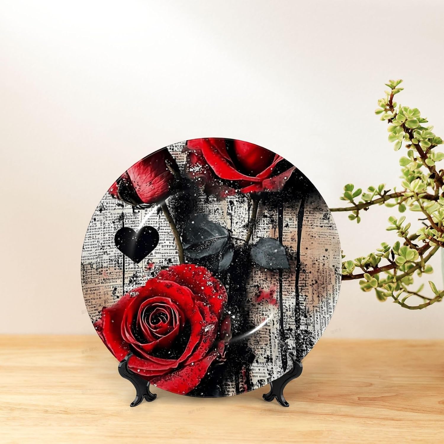 Valentine Heart Roses Style Ceramic Plate Display Home Display With Stand Wall Hanging Plate For Home Decor 10 Inch