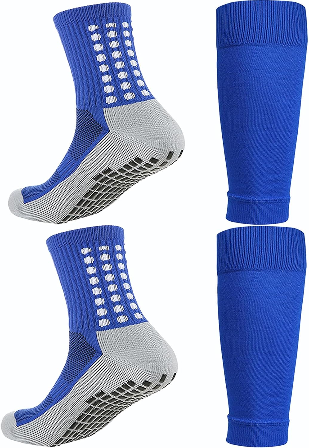 KMOLY 1 Set Kids Grip Soccer Socks and Shin Guard Sleeves for Age 7-14 Youth Boys Children Football Basketball Training