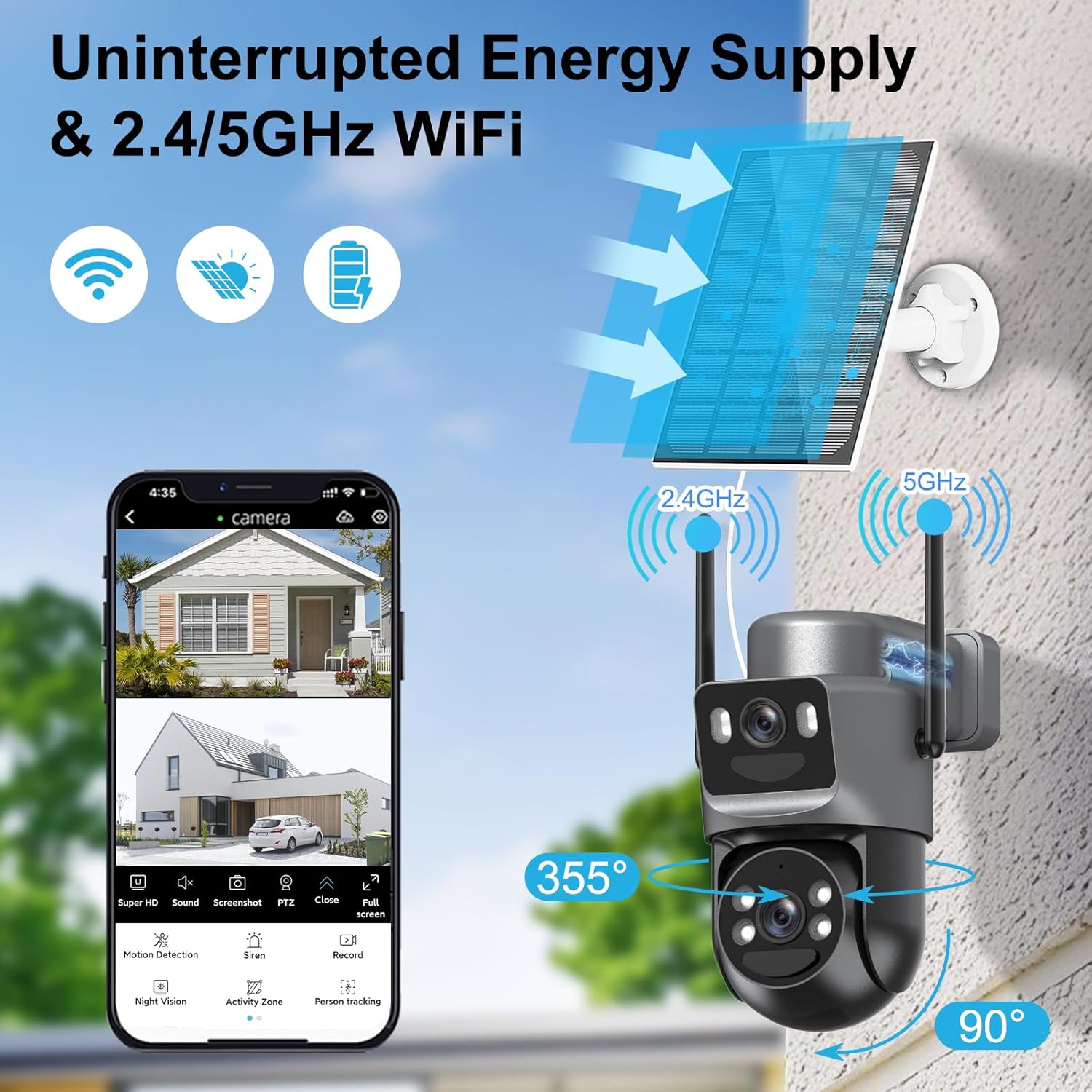 4K Solar Security Cameras Wireless Outdoor, 2.4G/5Ghz WiFi 6,Cameras for Home Security,Dual Lens Solar Camera with Auto Tracking, PIR Human Detection, 8MP Color Night Vision, Spotlight Siren,Alexa - Image 3