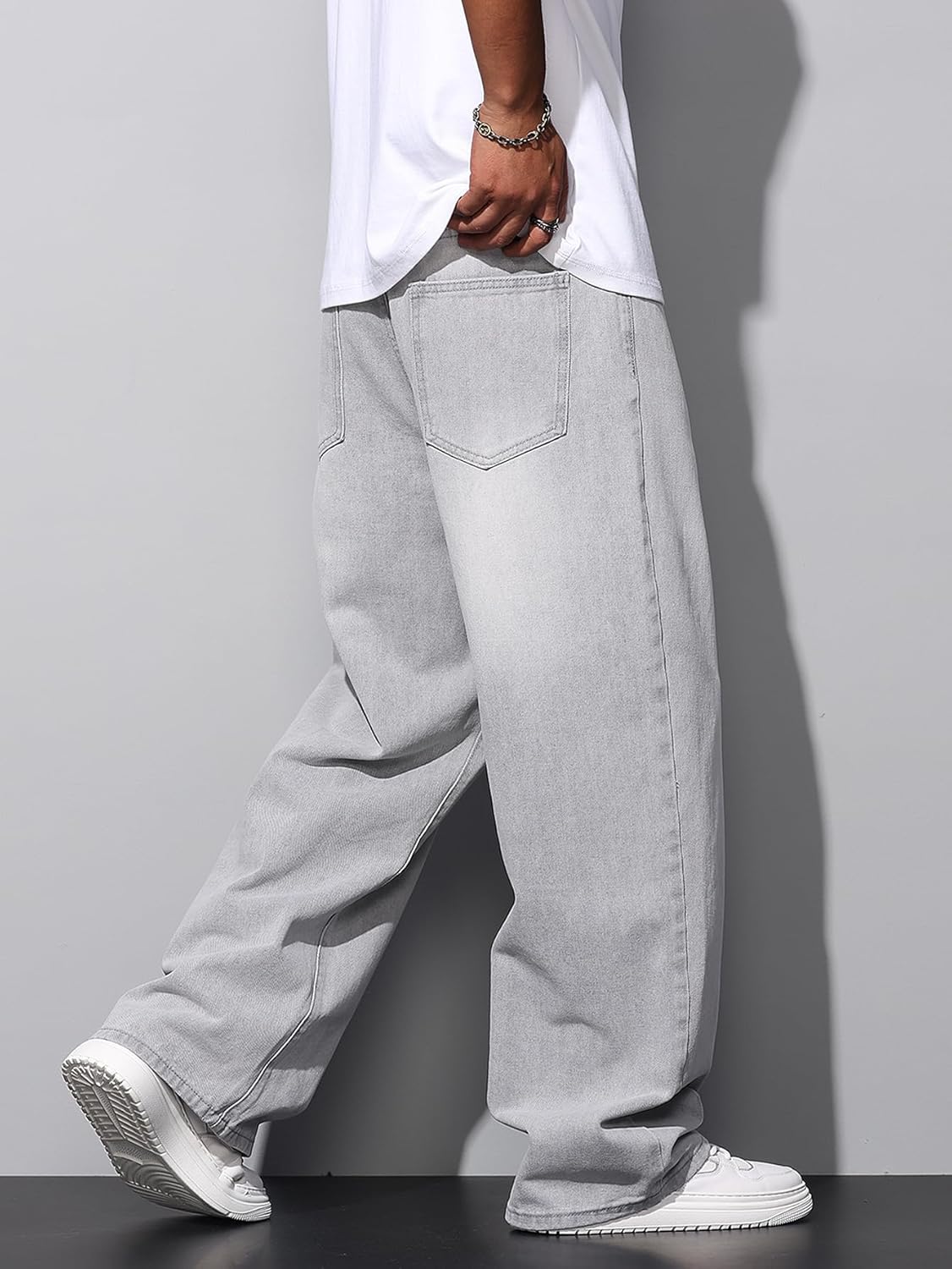 Mens Baggy Jeans Distressed Wide Leg Denim Pants Casual Loose Fit Trousers Streetwear - Image 4