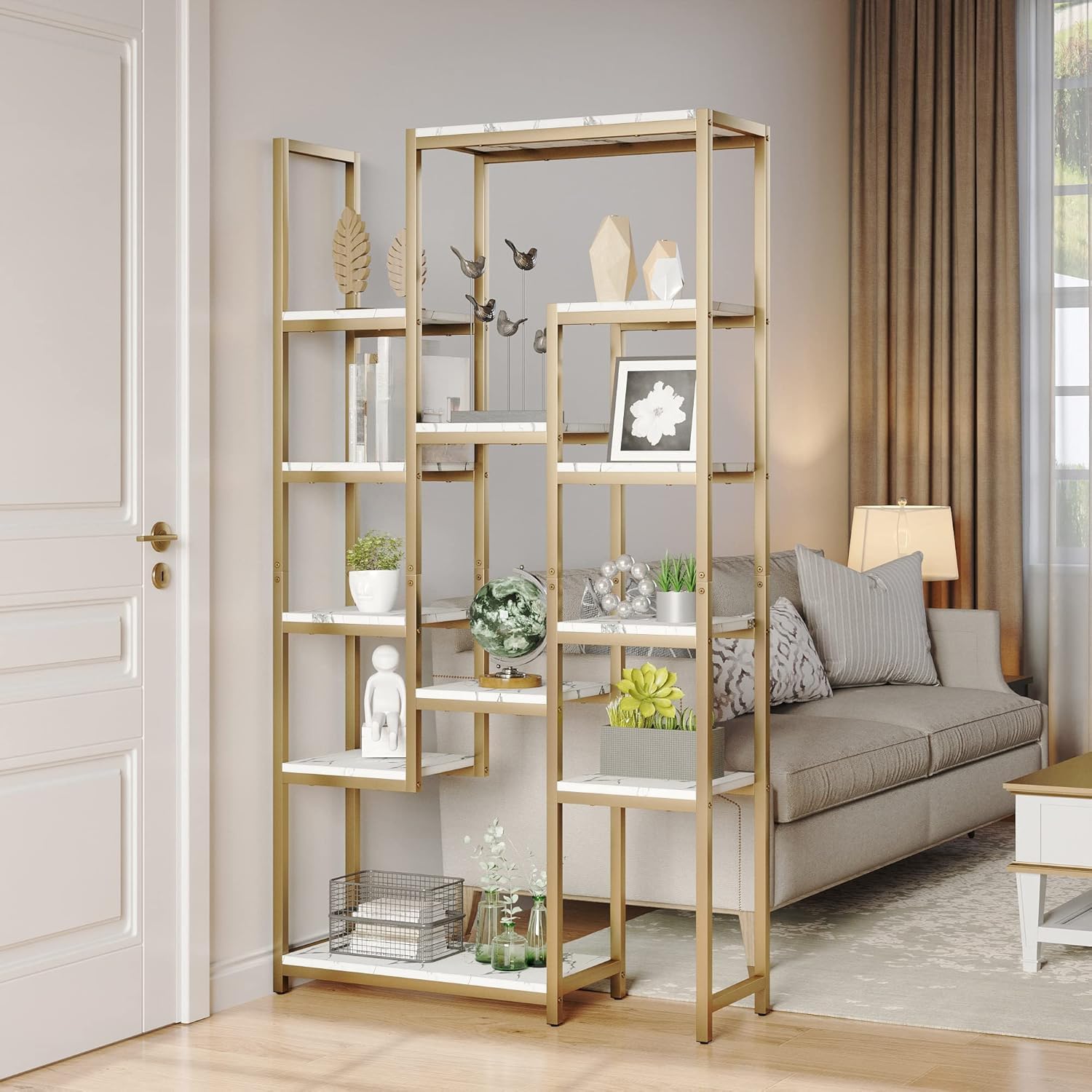 YITAHOME 6 Tier Gold Bookshelf, 71 Tall Modern Free Standing Bookshelf with 12 Shelf Bookcase, Faux Marble Open Display Storage Book Shelves for Living Room Bedroom Office Home, Gold & Marble - Image 5
