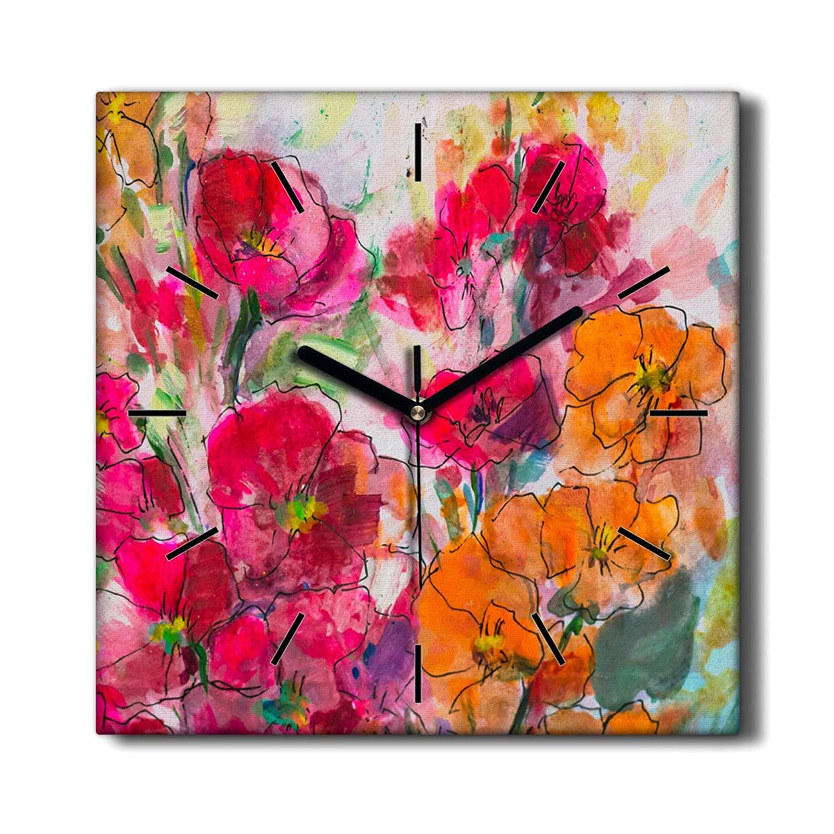 Horloge sur toile fleurs aquarelle sans tic-tac pour salon 30cm