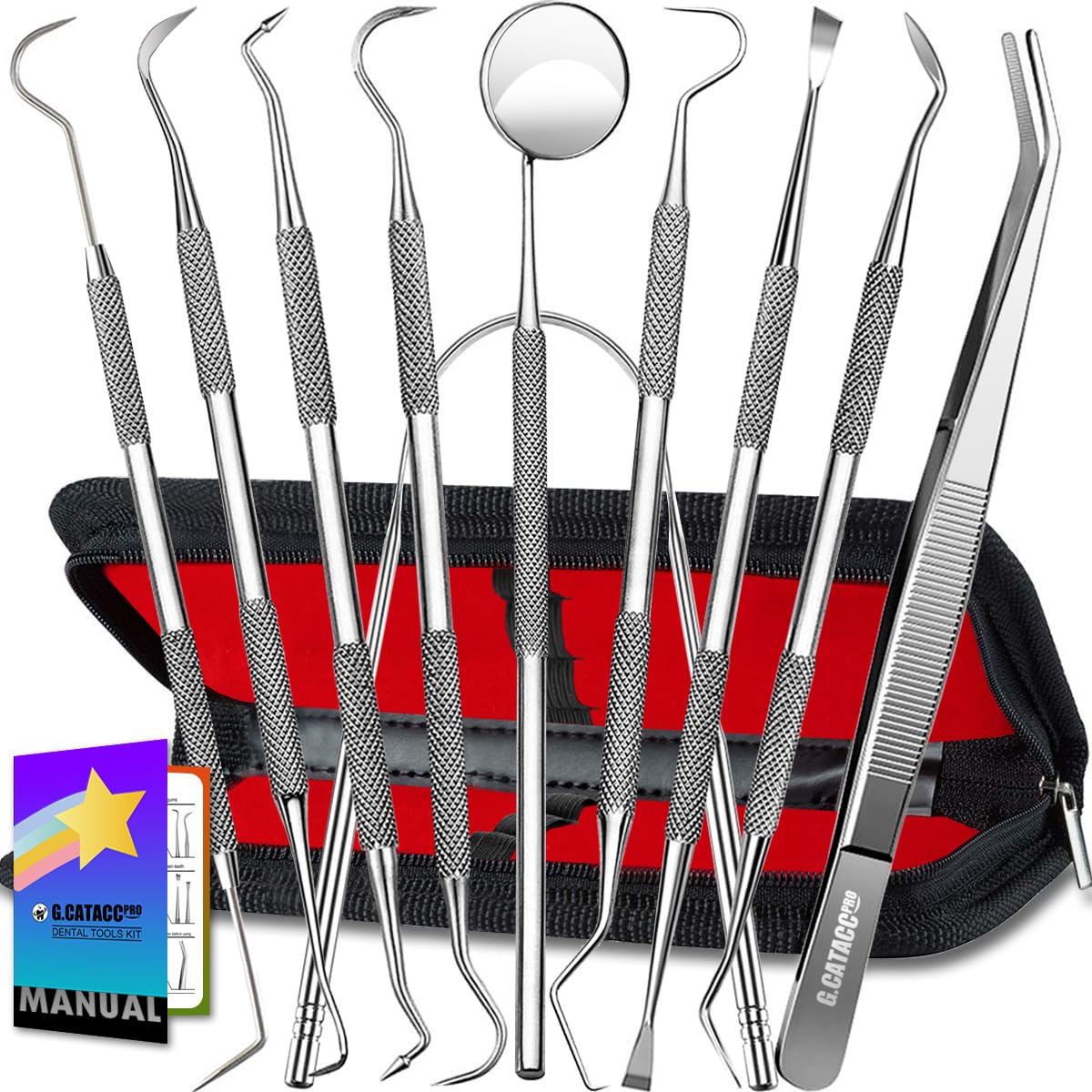 G CATACC 10 Pack Dental Tools Professional Plaque Remover for Teeth Cleaning Tools Set Stainless Steel Hygiene Kit