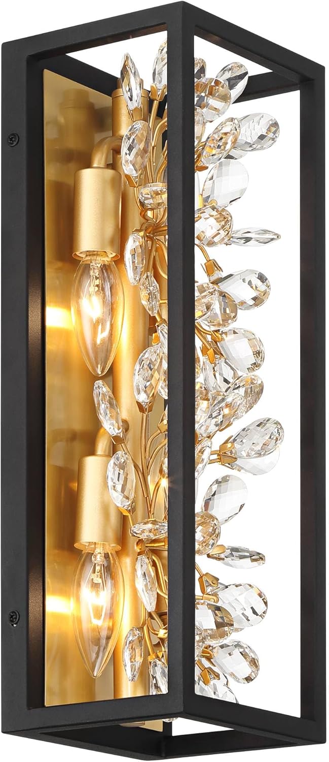 Possini Euro Design Carrine Modern Wall Light Sconce Sand Black and Gold Hardwire 6" 4-Light Fixture Open Rectangular Clear Crystal Flower for Bedroom Bathroom Bedside Vanity Living Room Hallway