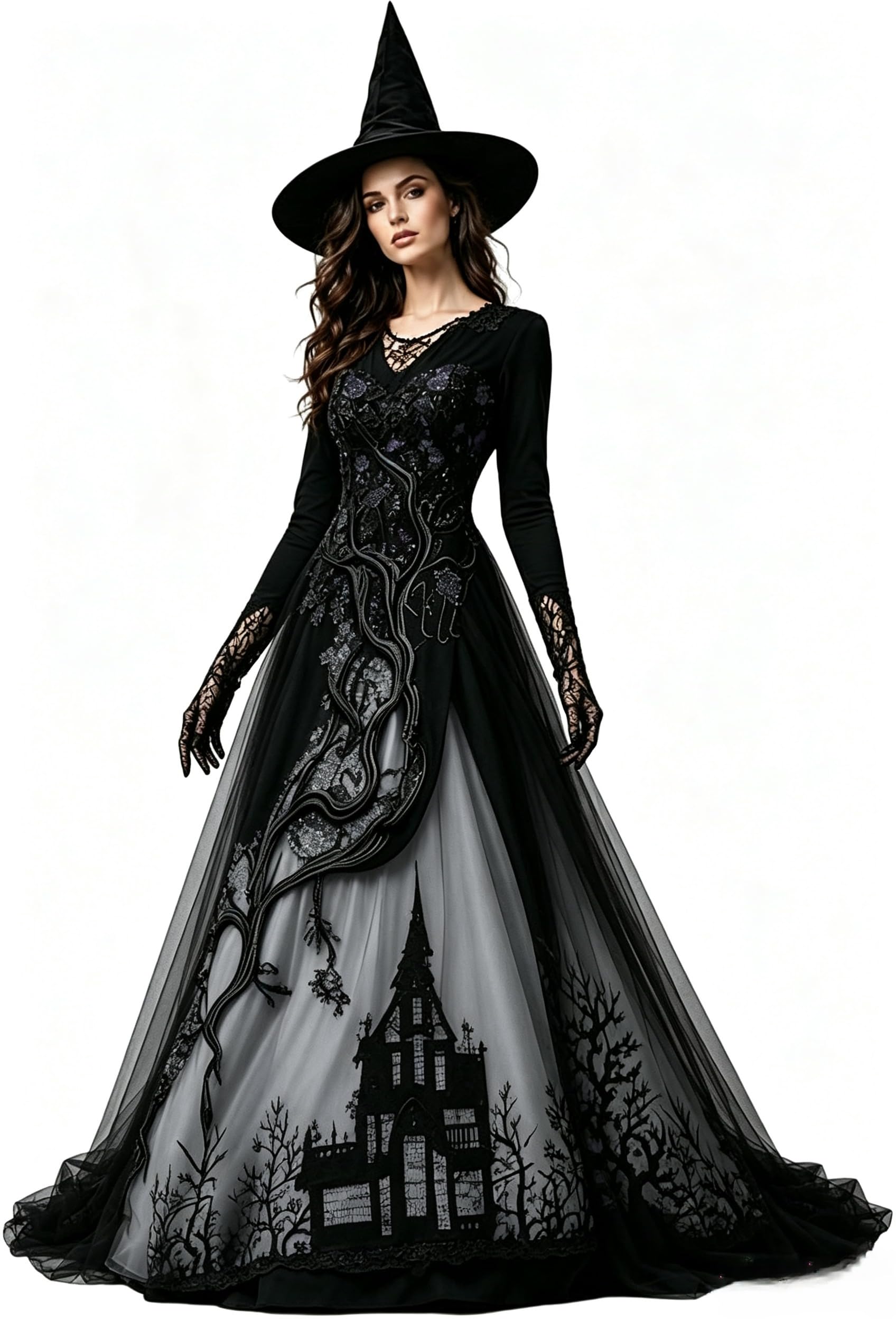Gothic Dress Womens Halloween Costume Adult Medieval Lace and Chiffon Vampire Costume, Vintage Renaissance Medieval, Day Of the Dead Outfit, Party Dresses for Women