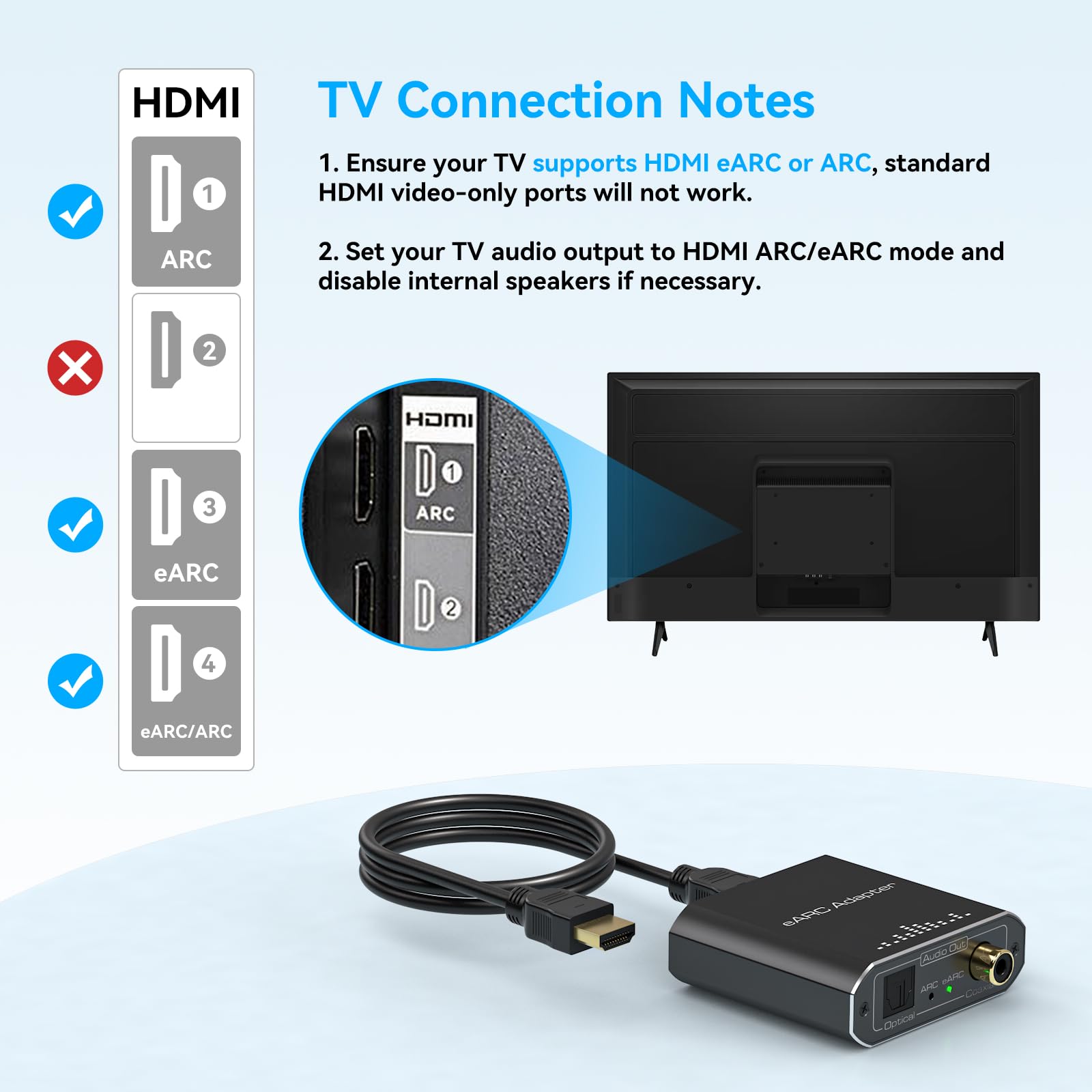VPFET Adaptador de audio HDMI eARC solo funciona para HDTV ARC/eARC, convertidor extractor de audio, compatible con HDTV audio transmitido a través de Toslink + puertos coaxiales para barras de sonido