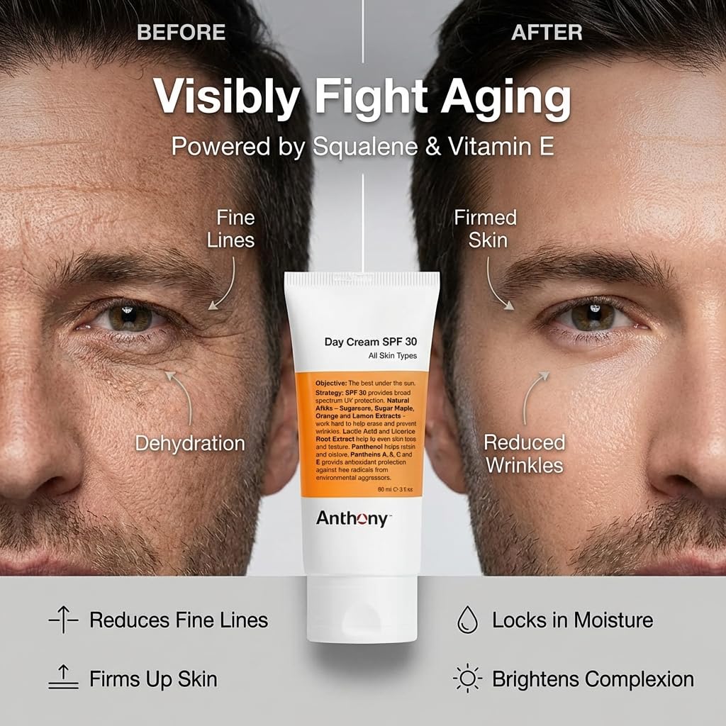 Anthony Day Cream SPF 30 Men’s Face Moisturizer with Sunscreen – Anti-aging Face Lotion and Broad-Spectrum Sunblock – Lightweight, Non-Comedogenic Formula for All Skin Types – 3 Fl Oz