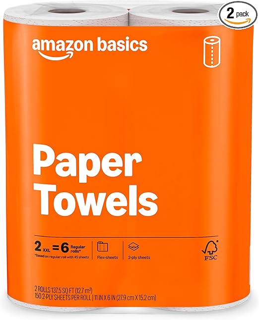 Amazon Basics 2-Ply Flex-Sheets Paper Towels, 2 Basics Rolls = 6 Regular Rolls, Everyday Value with 150 Sheets per Roll, Packaging May Vary