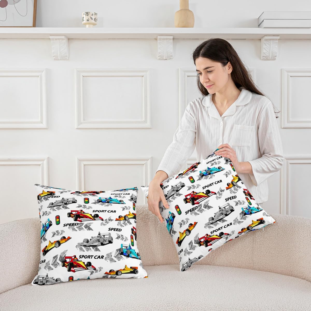 Boys Race Car Throw Pillow Covers 16x16 Inch Set of 2 Cartoon Cool Racing Cars Cushion Covers for Kids Teens Adults Gray Tire Print Game Style Cushion Cases for Party Living Room image 3