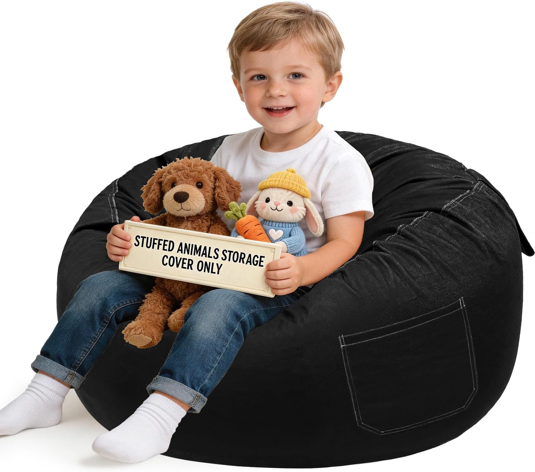 Lukeight Stuffed Animals Storage Bean Bag Chair Cover for Kids and Toddlers, Cozy Velvet Plush Toy Organizer Seat, Cover Only, No Filling Included, Long YKK Zipper, Side Pocket, Large 27 x 16 in
