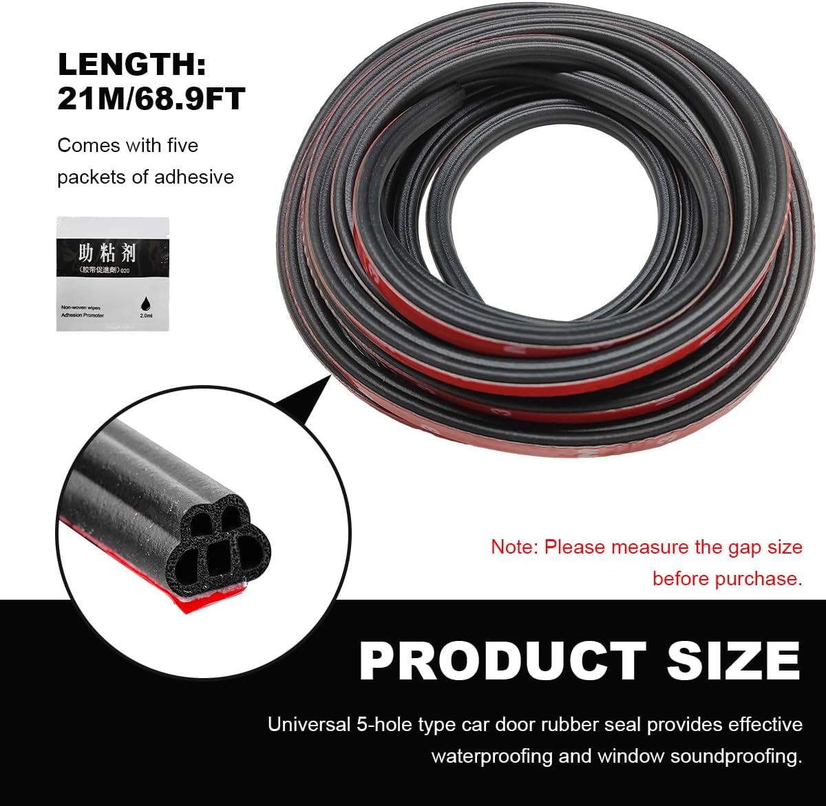 DXNQ Car Door Rubber Seal Strip, 68.9Ft Double Layer 5-Hole Self-Adhesive Auto Door Soundproofing Weatherstrip, Universal Weather Stripping Door Seal for RV SUV Boat Truck Pickup