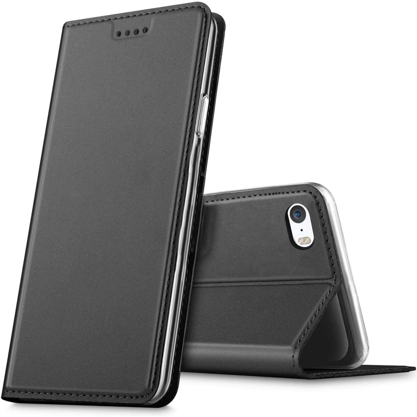 Verco Mobile Phone Case for iPhone SE Premium Mobile Phone Flip Cover for Apple iPhone 5S Case [Integrated Magnet] Book Case PU Leather Case Black