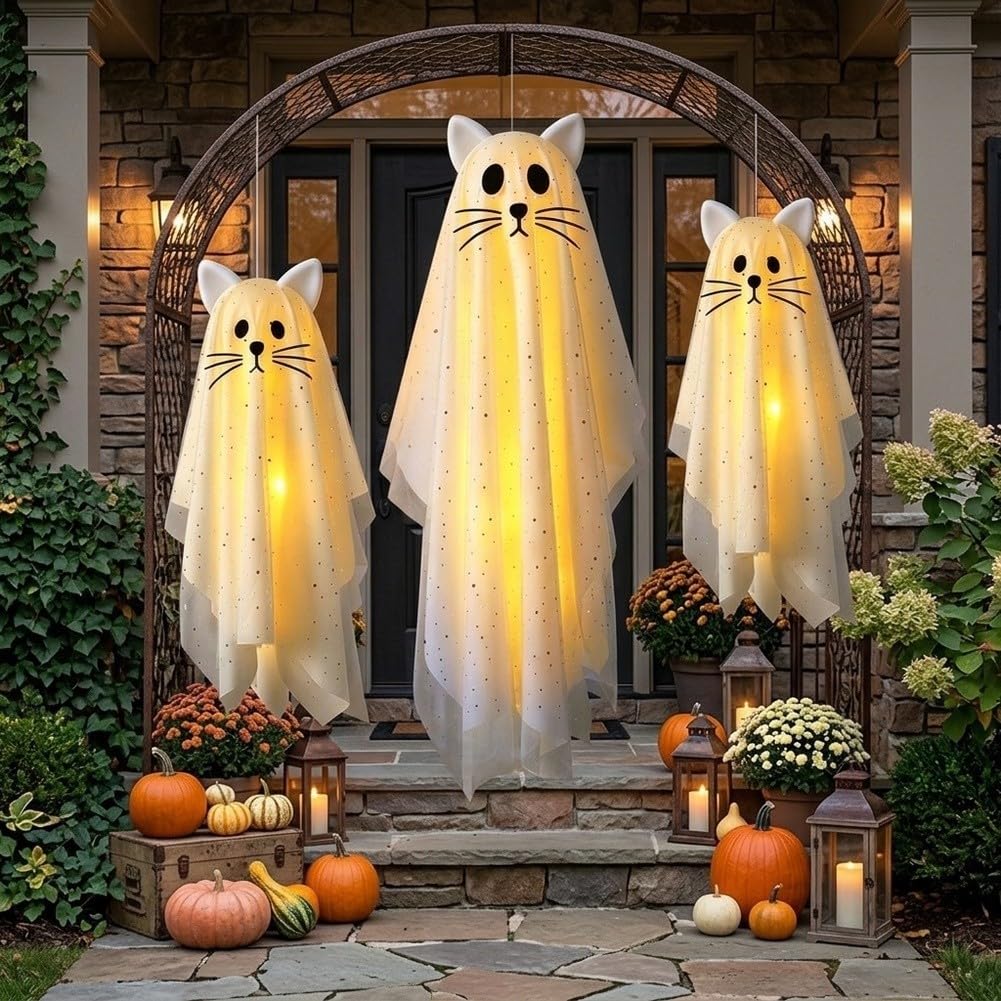 3 Stück Halloween Hängefiguren Katze mit Licht
