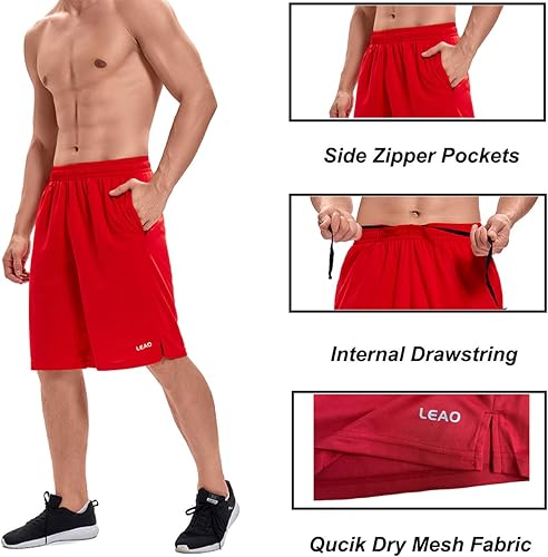 Miniatura 6 de LEAO Pantalones cortos de baloncesto para hombre con bolsillos con cremallera, secado rápido, holgados, pantalones cortos de entrenamiento para