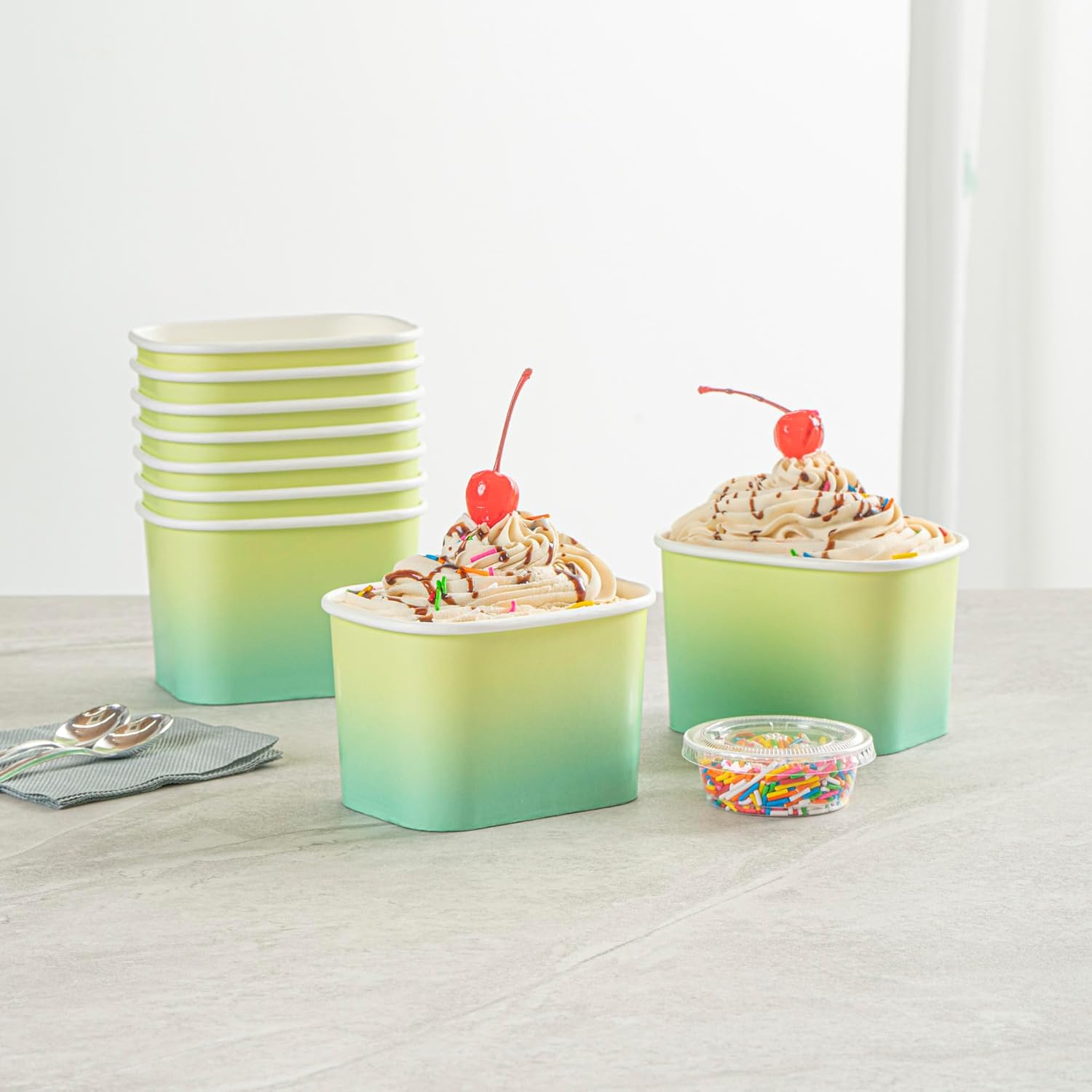 Restaurantware Paper Cups 200 Count 12 Ounce Square Disposable Ice Cream Containers, Leak-Resistant Paper Dessert To Go Cups, Hot And Cold Food, Durable Teal And Green Ombre Design