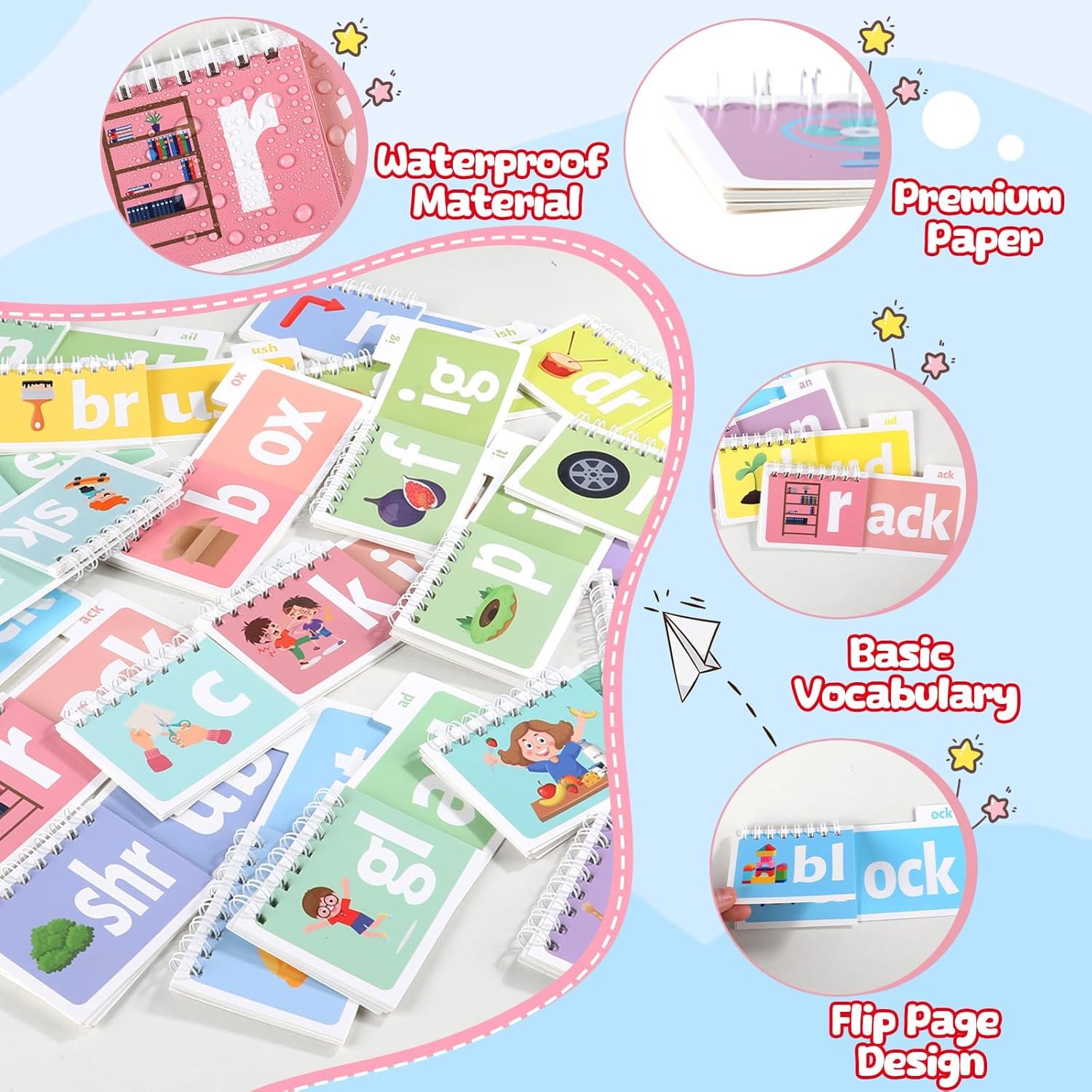 party greeting 48 Word Family Build Book Read and Rhyme Flip Activity Book ABC Vocabulary Flash Cards Kindergarten Sight Word Learning Activities Learn to Read Games for Kids Homeschool Supplies