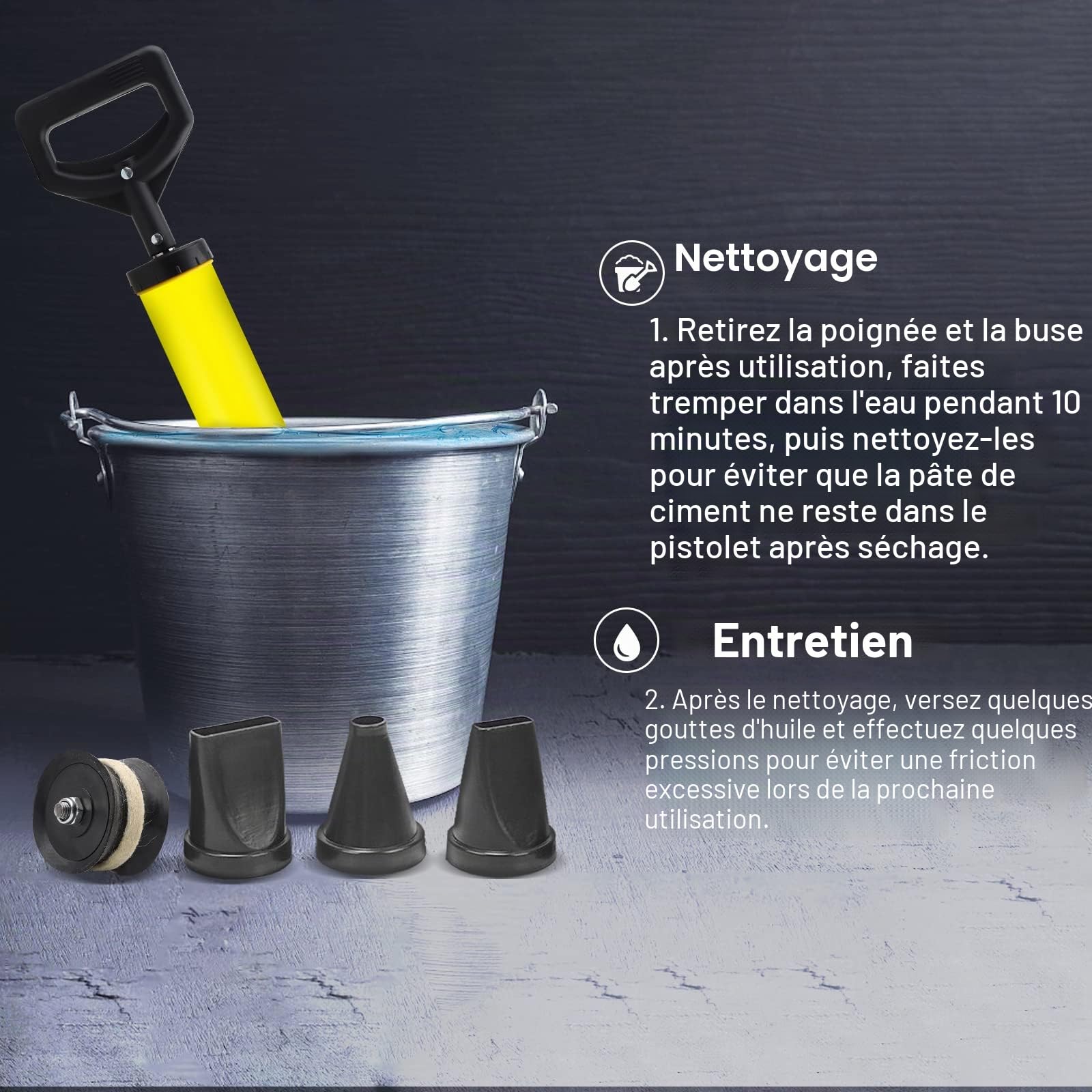 EXLECO Pistolet à Coulis de Ciment avec 8 Buses, 2 Pistons en Caoutchouc de Rechange
