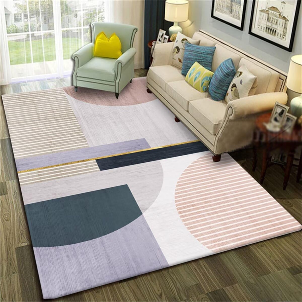 Tapis Sejour Descente De Lit Chambre Adulte Tapis de Chambre d'enfant à Design géométrique Violet et Rose antidérapant Tapis De Chambre Fille 60X120CM