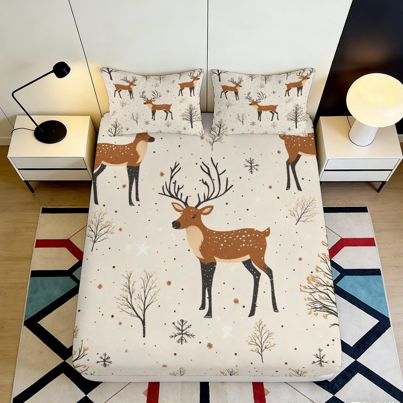 3D Printed Deer Forest Fitted Sheet Microfiber Soft Breathable Woodland Bed Cover for Bedroom Guest Room Decor 90x200x25cm