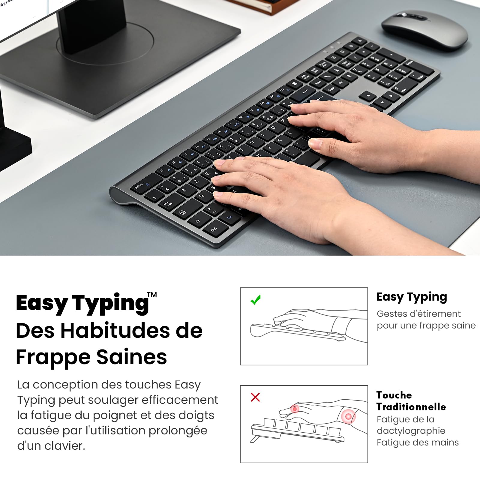 cimetech Ensemble Clavier et Souris sans Fil, Clavier Rechargeable Compacte USB C 2.4G Silent Ultra-Mince de Pleine Taille avec Pavé Numérique Souris pour PC/Laptop/Windows/Mac-Gris Noir