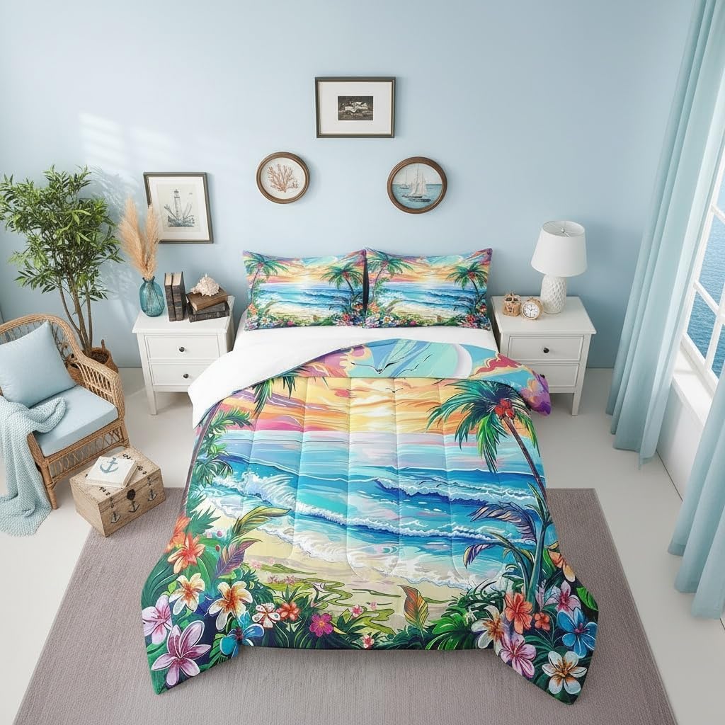 Manfei Hawaii Summer Comforter Set Full Size,Seaside Tropical Flowers Coconut Palm Trees Bedding Set 3 Pcs for Teens Young,Watercolor Sunset Sky Paint Down Comforter,Orange Blue Green,2 Pillowcases
