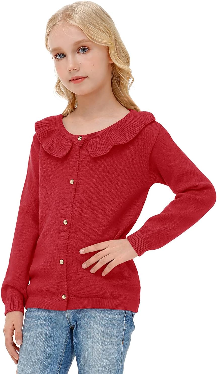 BesserBay Girls Ruffle Collar Button Down Knit Sweater Cardigan 4-12 Years