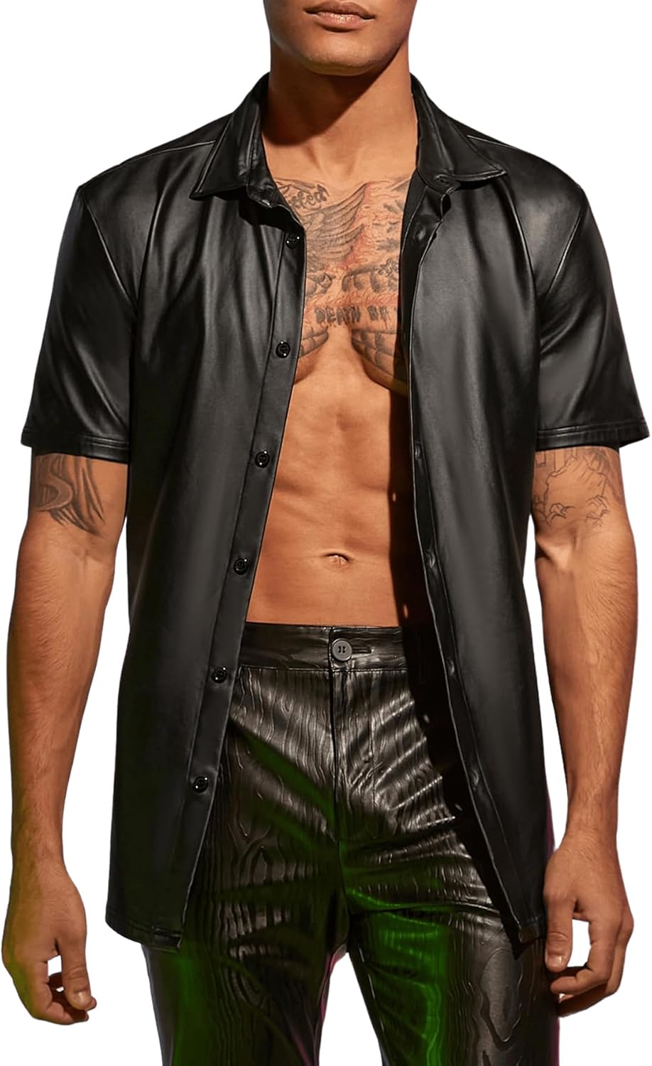 WDIRARA Men's PU Leather Button Down Short Sleeve Dress Shirt Casual Streetwear Top