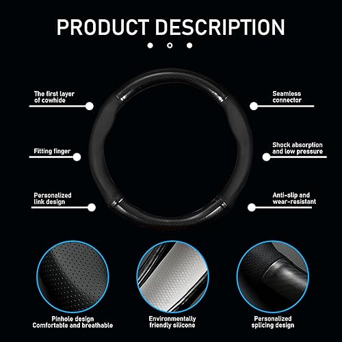 Miniatura 4 de 1 funda redonda para volante de automóvil, de fibra de carbono de 14.9 pulgadas, protección antideslizante con orificios de aire, absorbente de