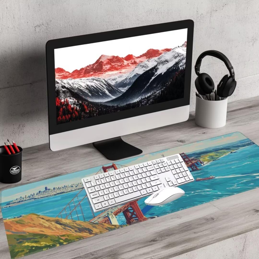 Tappetino Mouse Paesaggio Gaming Mouse Pad Ponte Tappetino Mouse XXL 1200×600×3MM Migliora La Precisione e La Velocità Tappetino Scrivania con Base in Gomma e Bordi Cuciti per Ufficio e Gaming